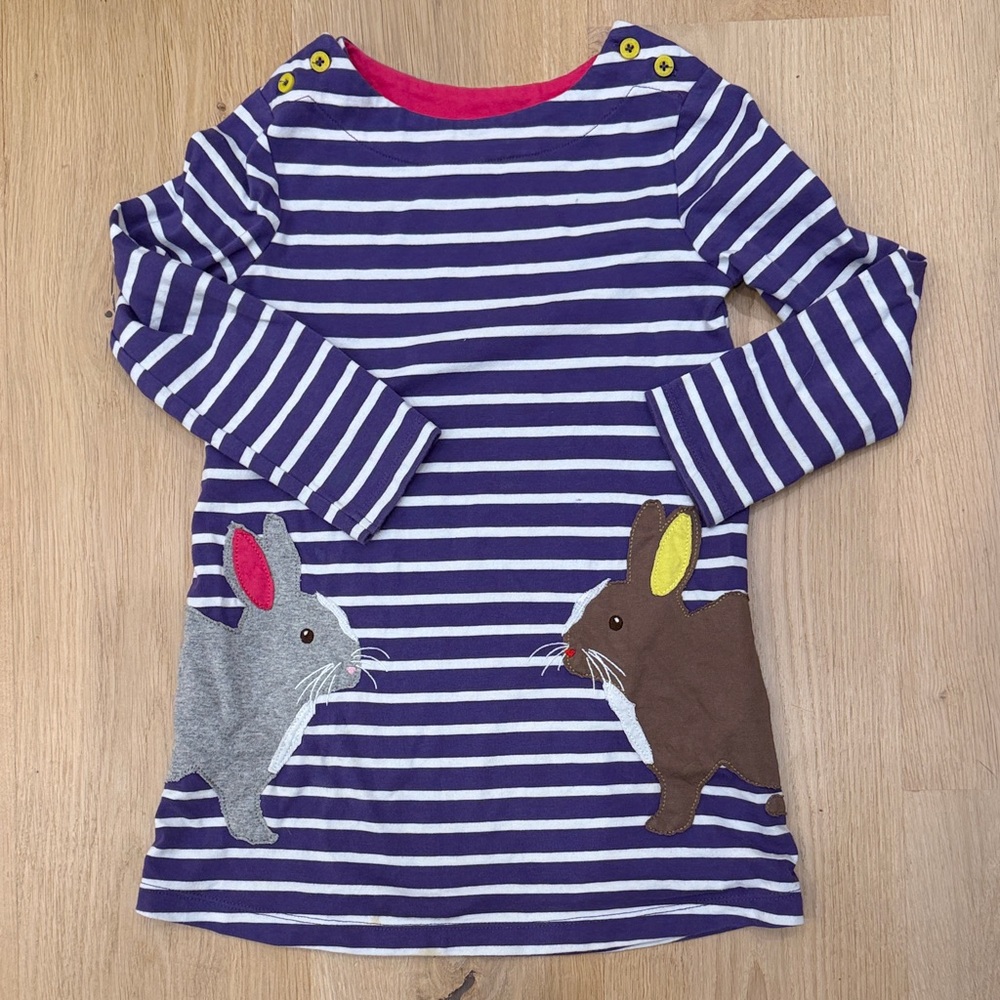 Mini Boden Purple Striped Dress with Bunny Appliqué